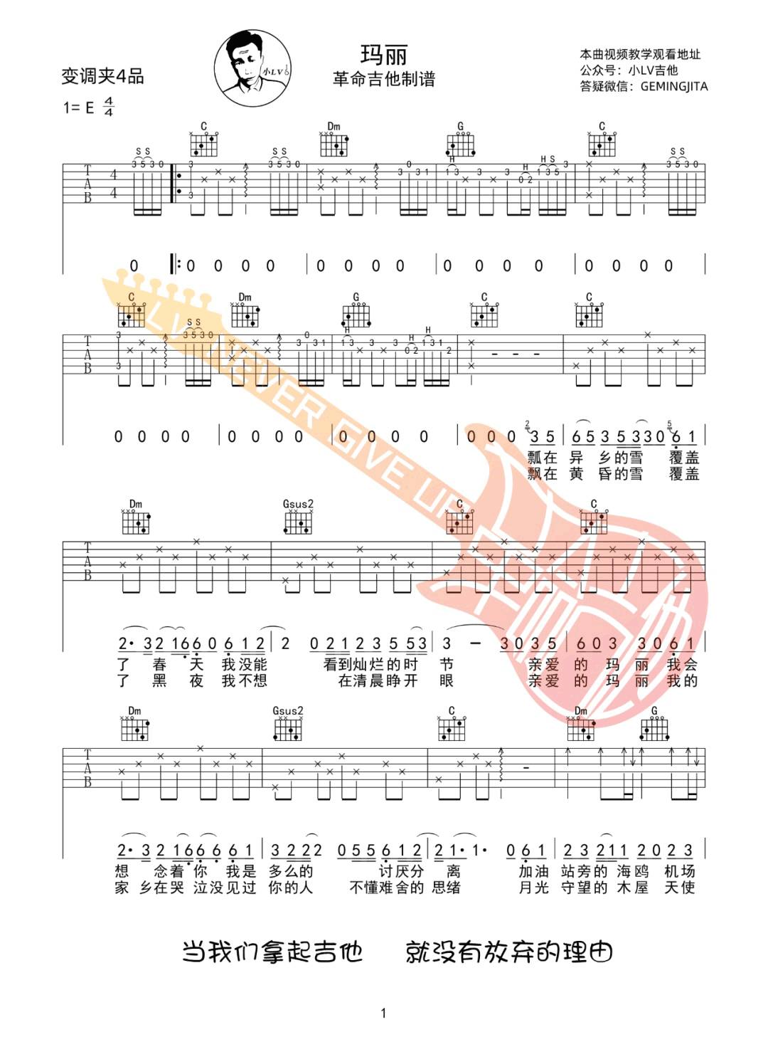 玛丽吉他谱1-赵雷-C调指法
