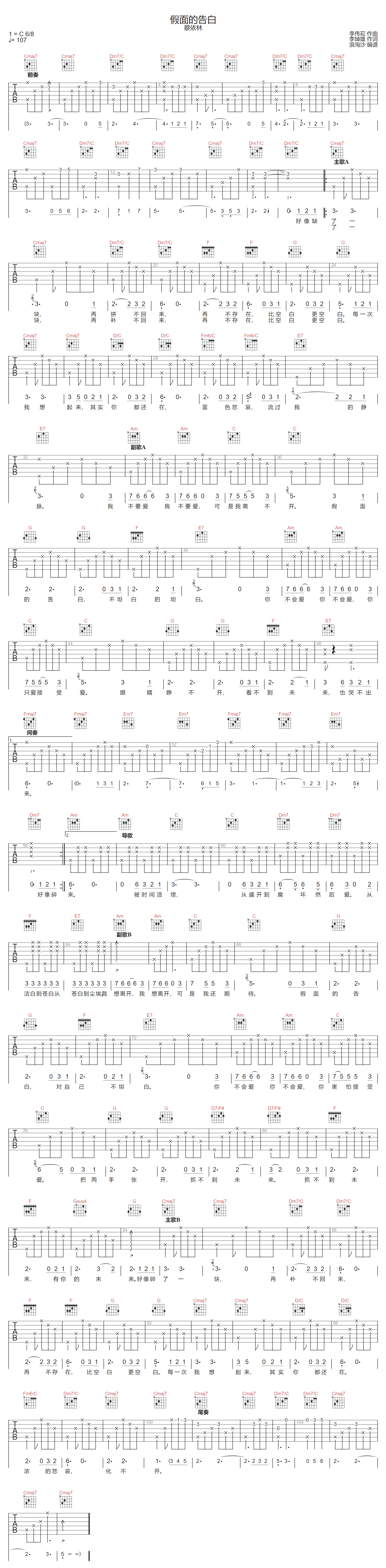 假面的告白吉他谱-蔡依林-C调指法