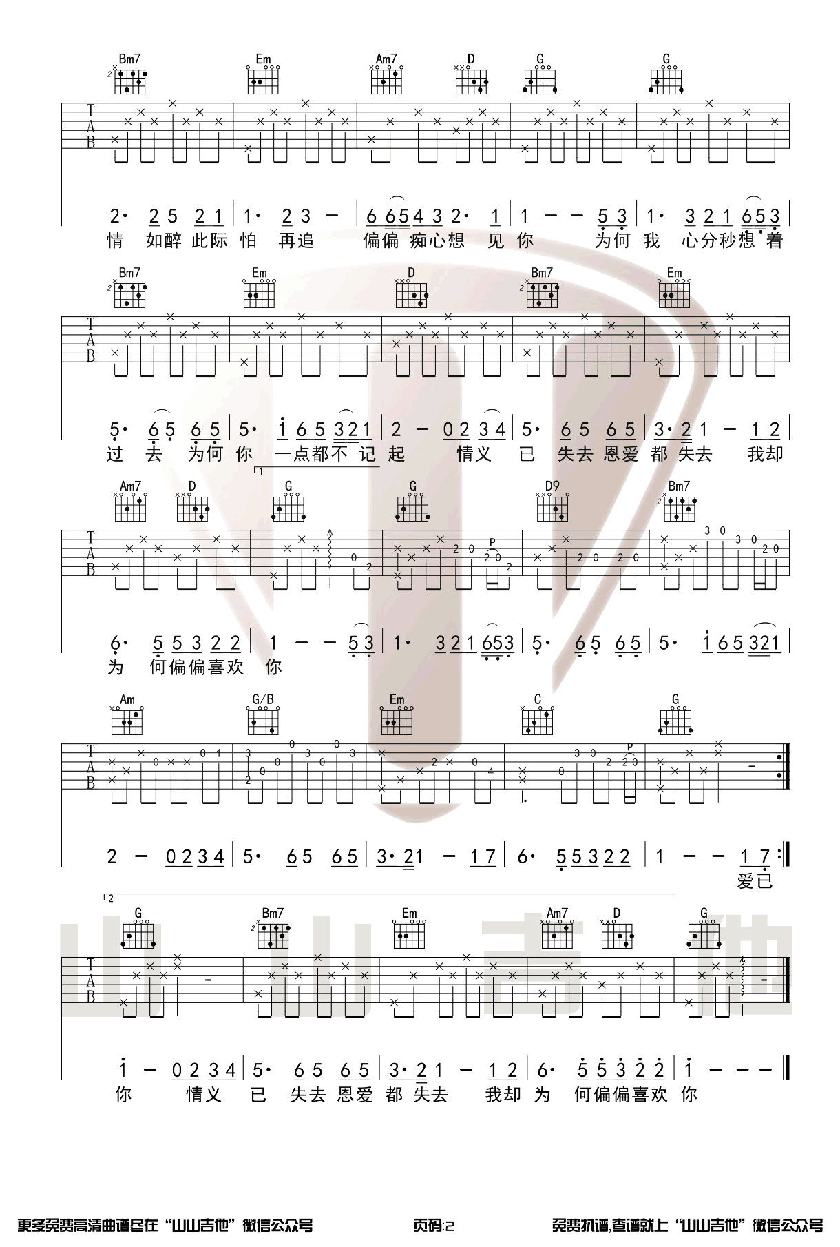 偏偏喜欢你吉他谱2-陈百强-G调指法