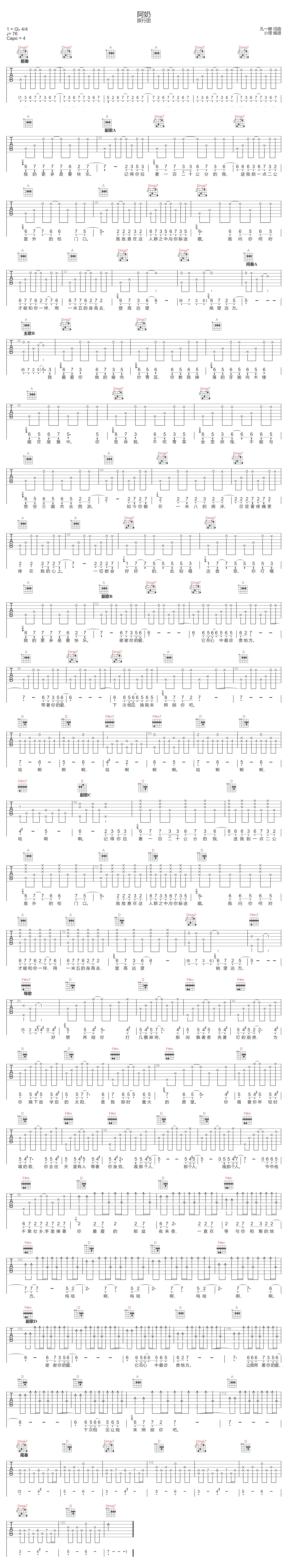 阿奶吉他谱-旅行团乐队-D调指法