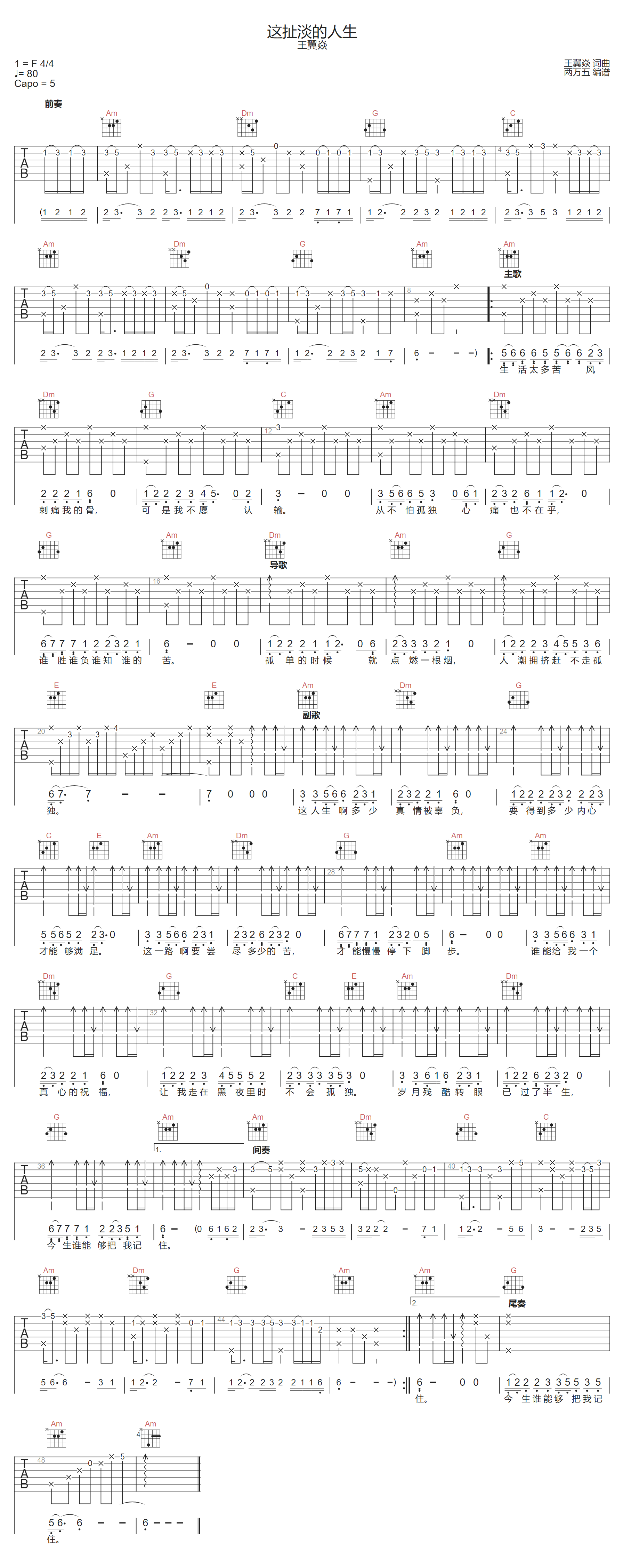 这扯淡的人生吉他谱-王翼焱-C调指法