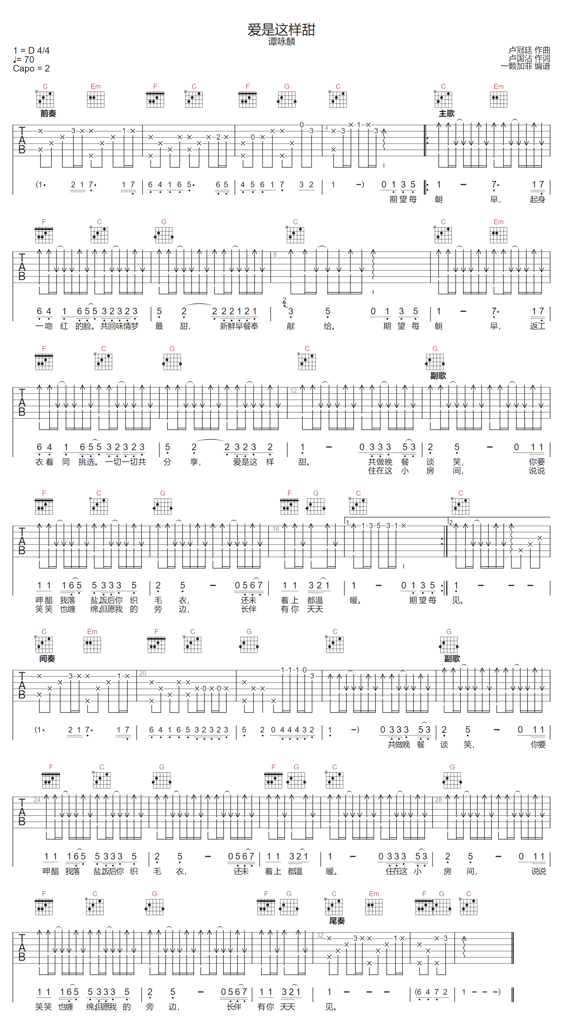 爱是这样甜吉他谱-谭咏麟-C调指法
