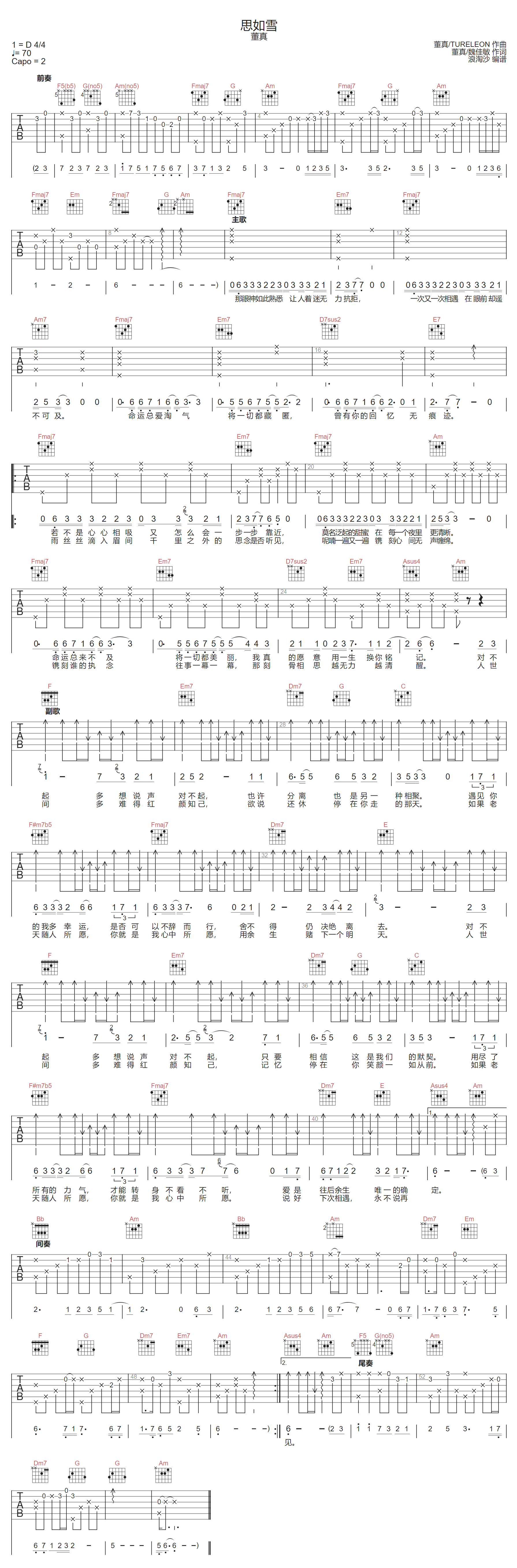 思如雪吉他谱-董真-C调指法