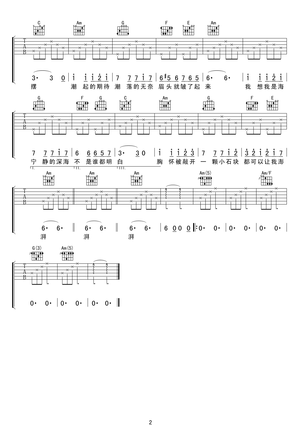 我想我是海吉他谱2-黄磊-C调指法