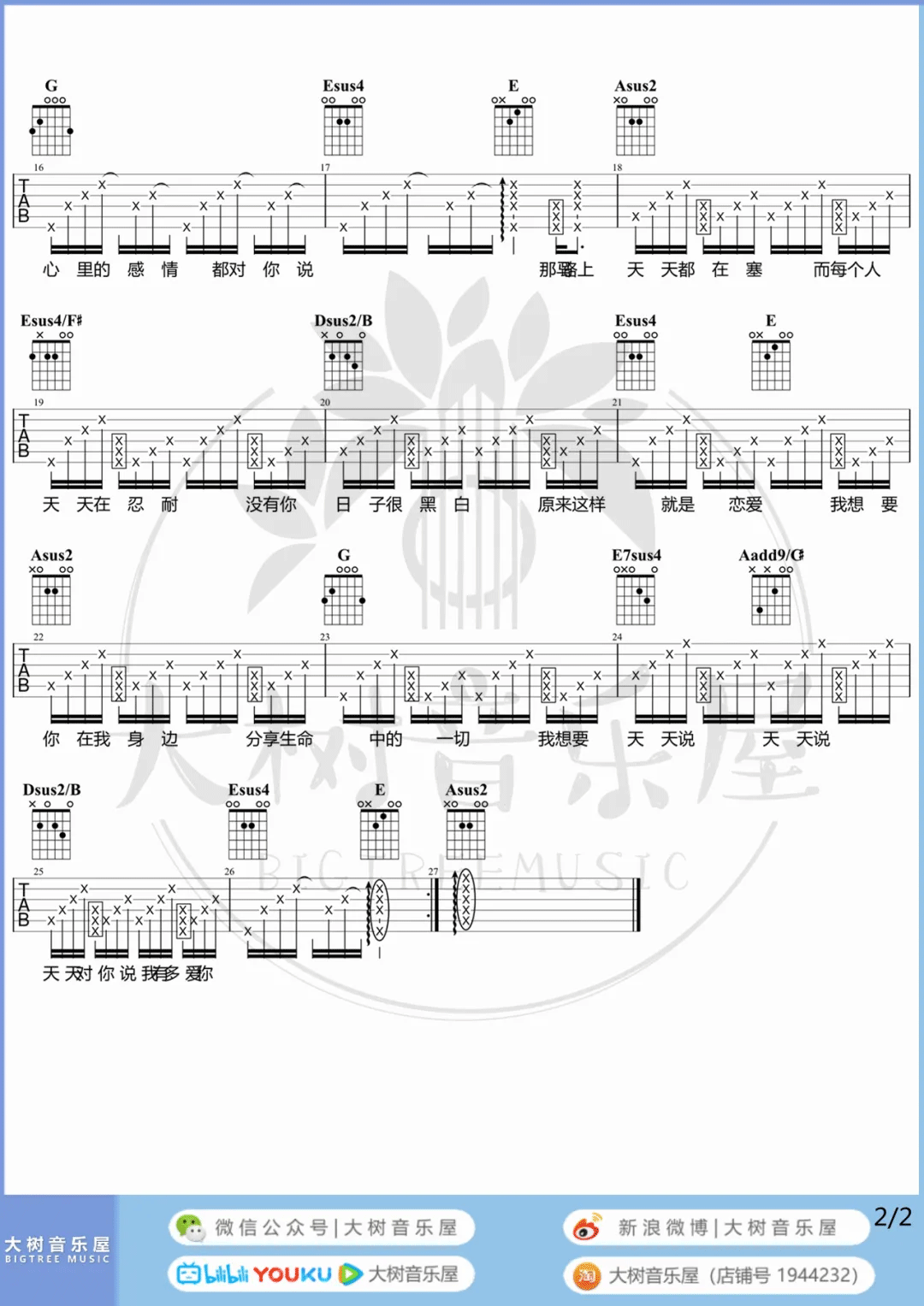 天天吉他谱2-陶喆-A调指法