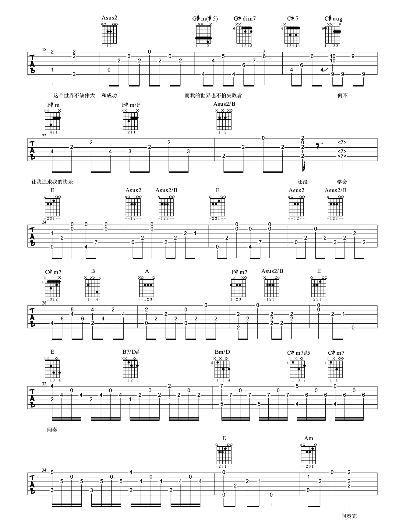 飞吉他谱2-林宥嘉-E调指法