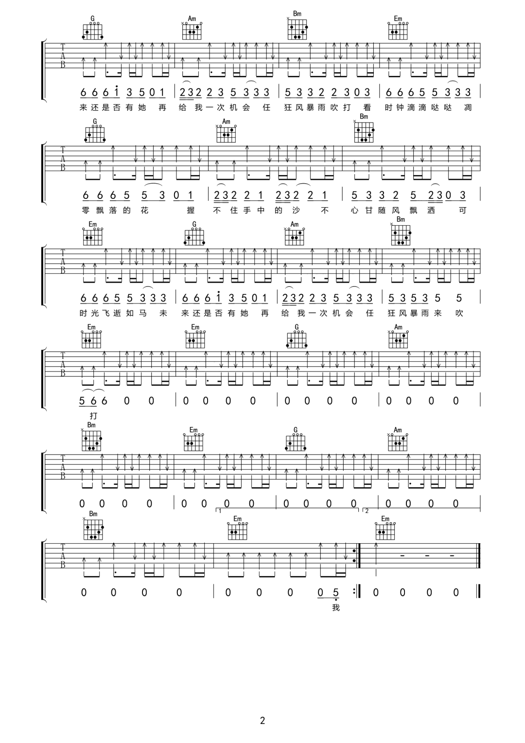 一生回味一面吉他谱2-DJ小鱼儿-G调指法