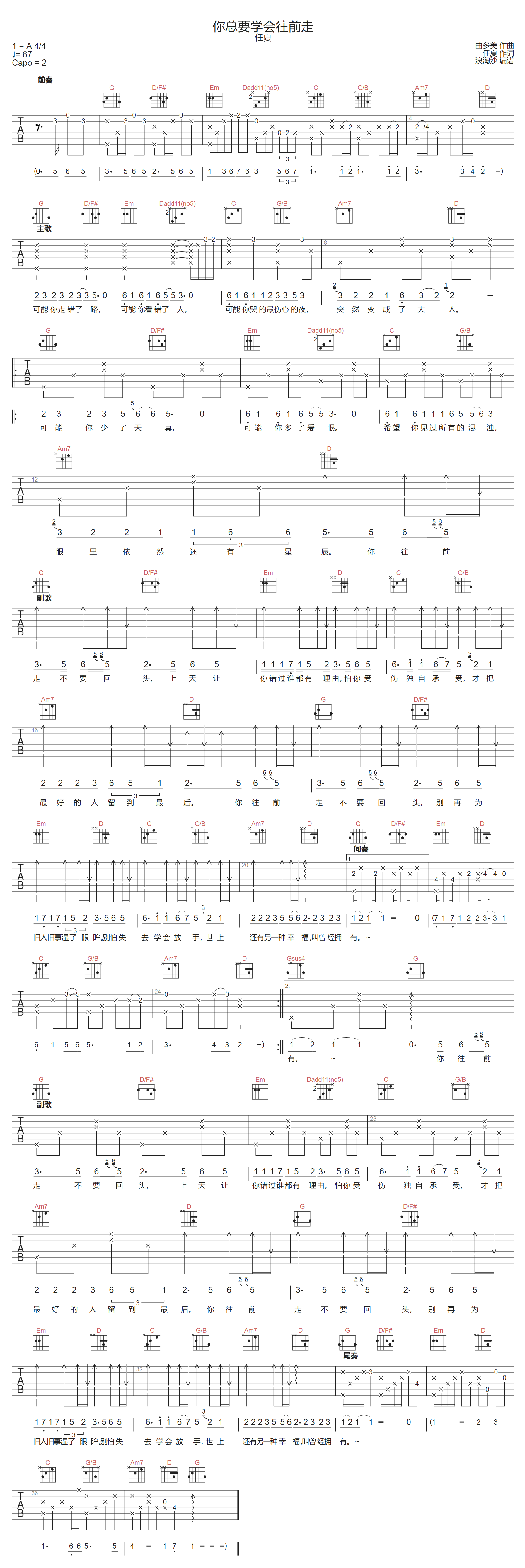 你总要学会往前走吉他谱-任夏-G调指法