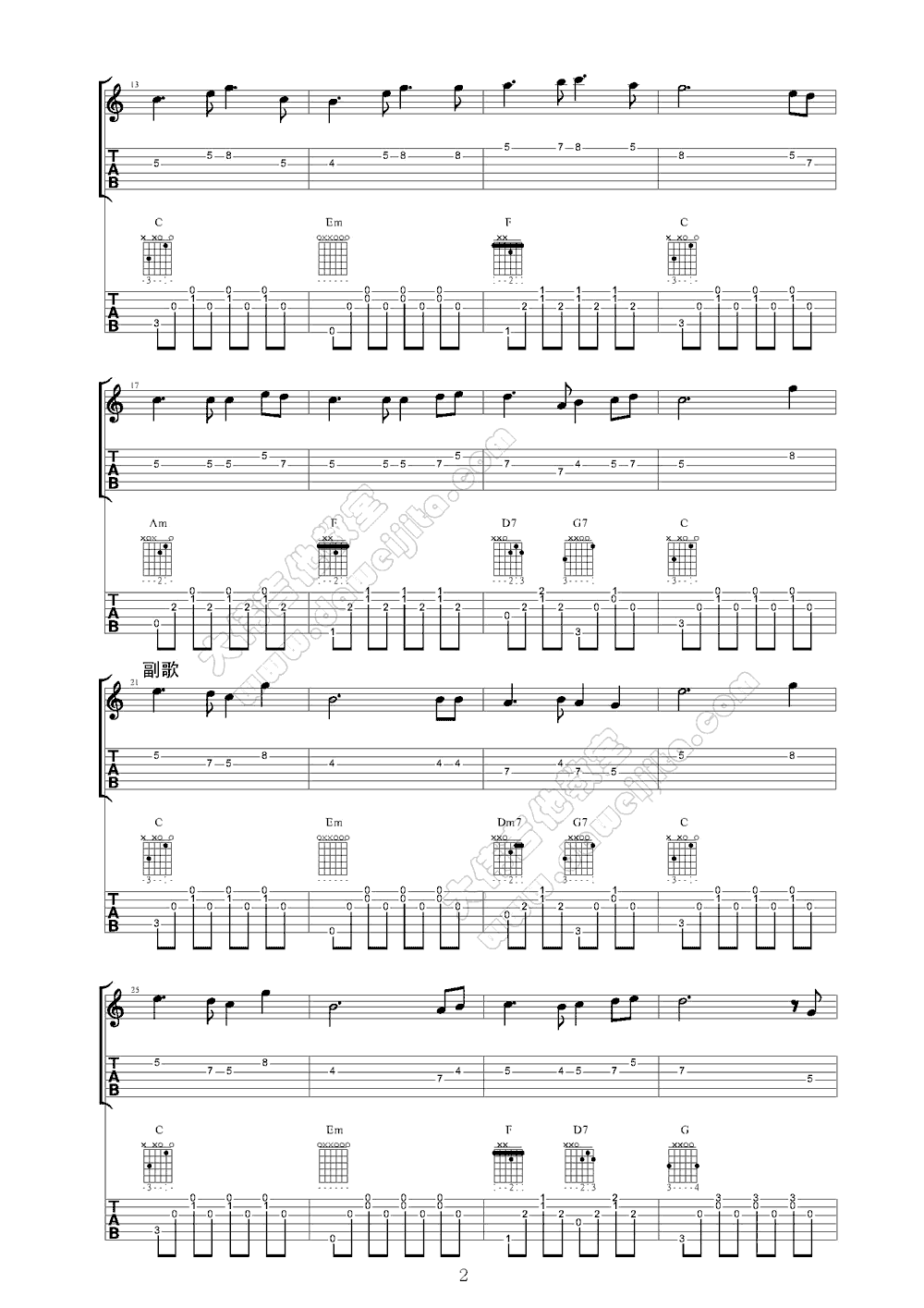 月亮代表我的心吉他谱2-张国荣-C调指法