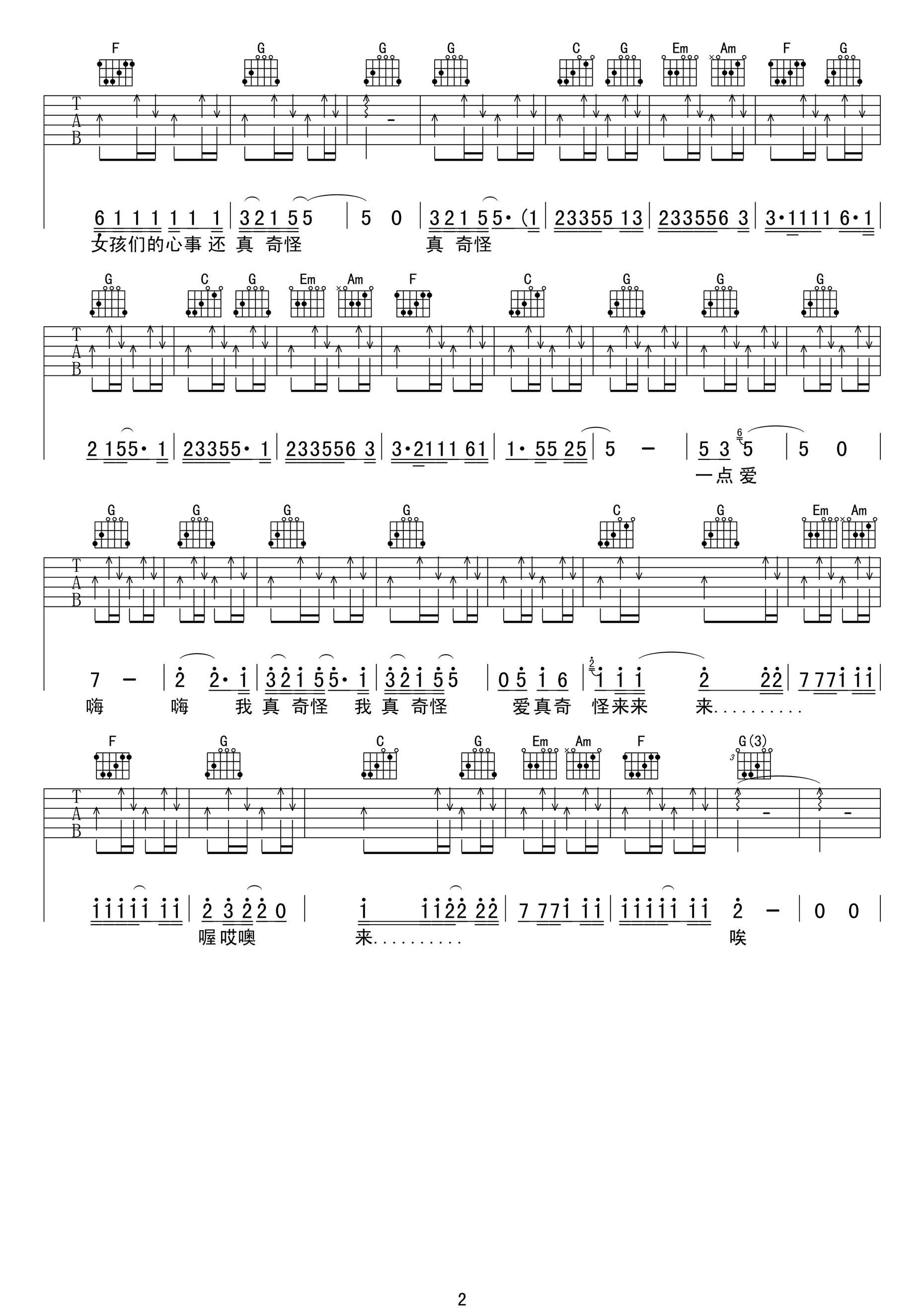 对面的女孩看过来吉他谱2-任贤齐-C调指法