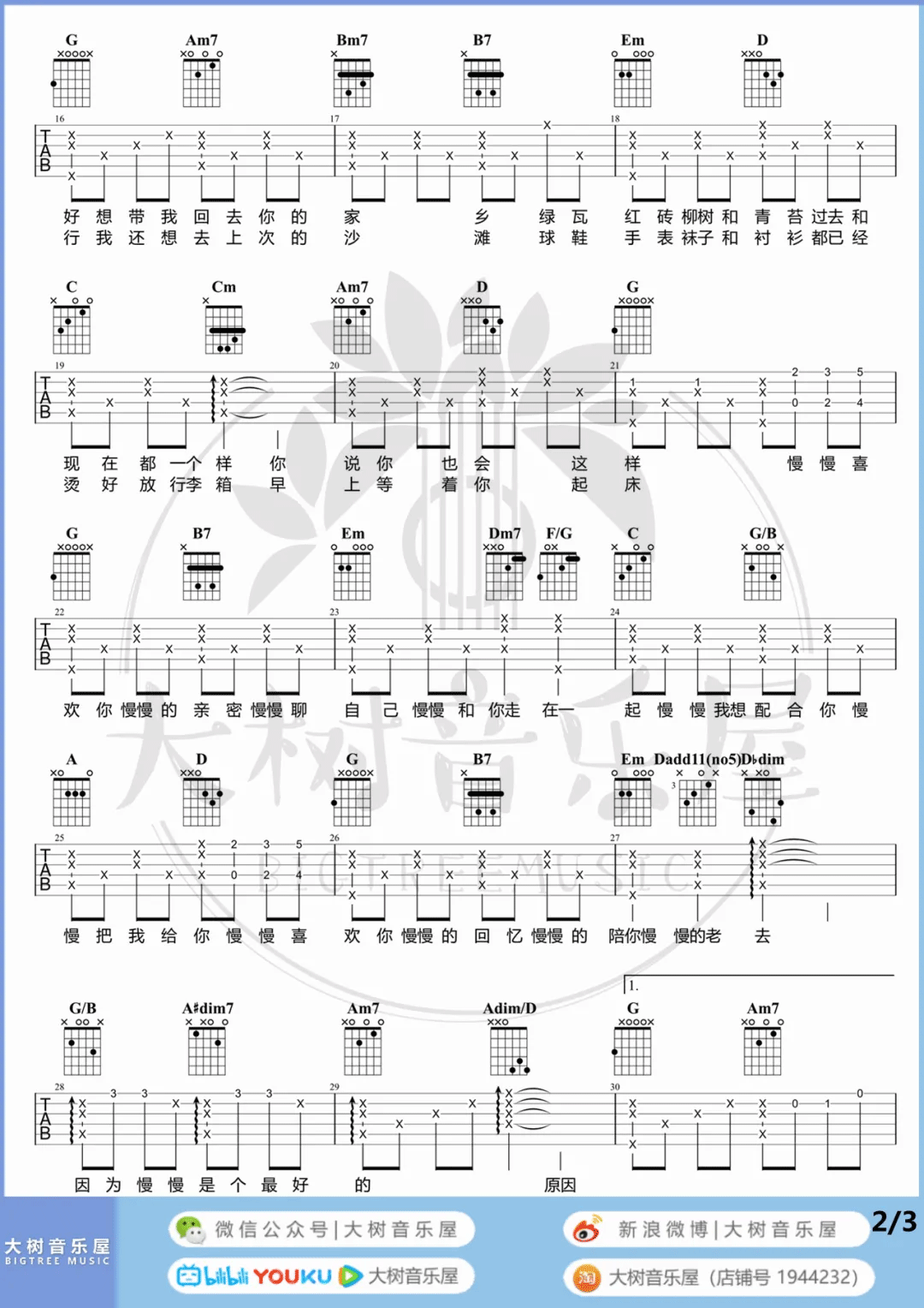 慢慢喜欢你吉他谱2-莫文蔚-G调指法