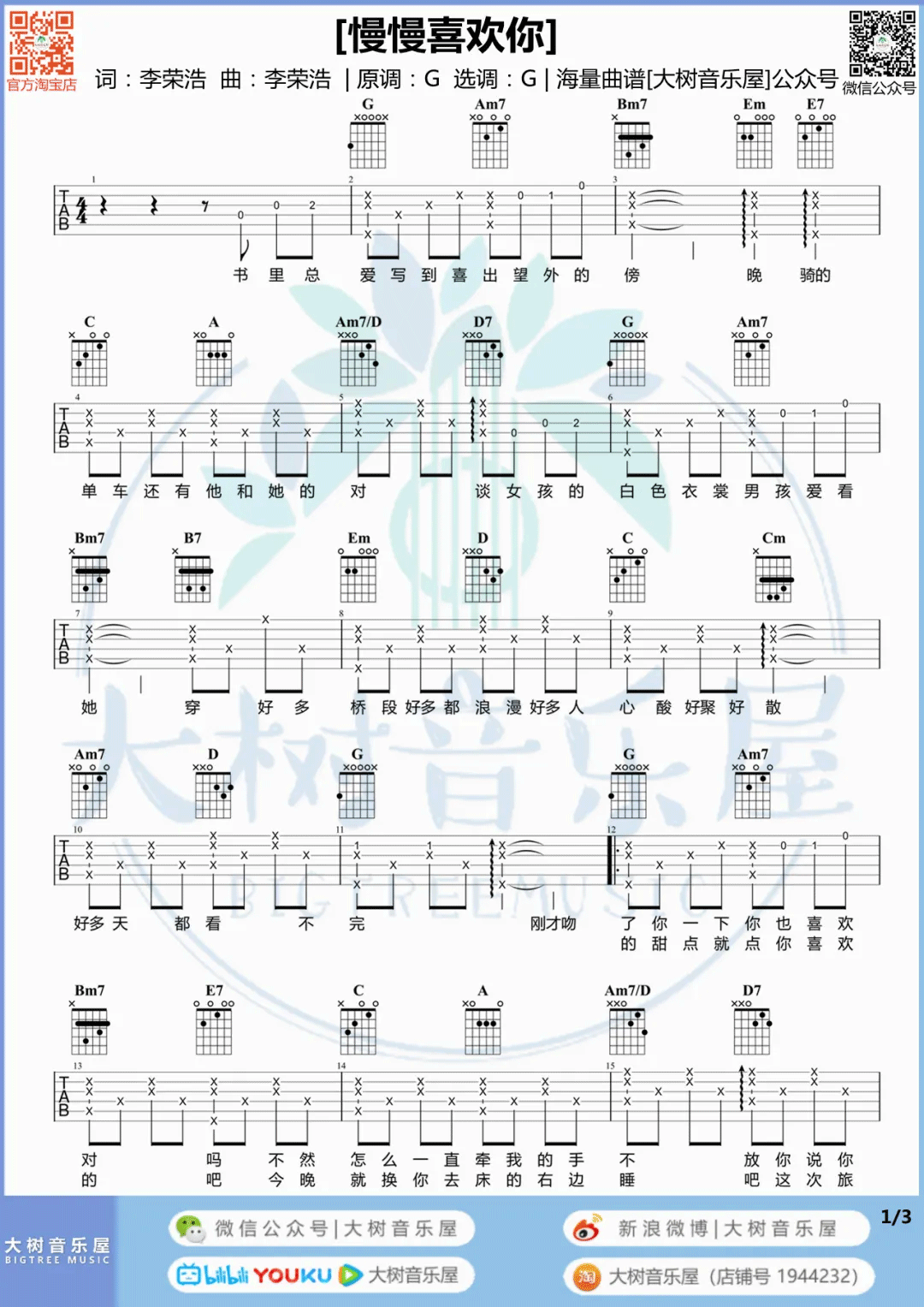 慢慢喜欢你吉他谱1-莫文蔚-G调指法