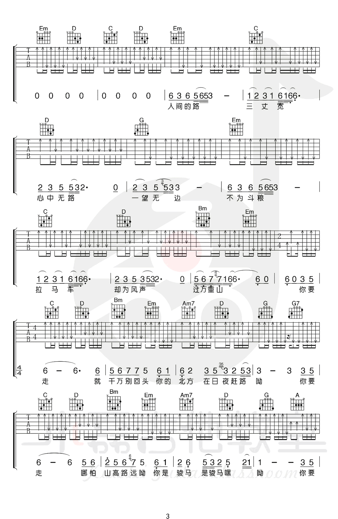 骏马谣吉他谱3-王喂马-G调指法