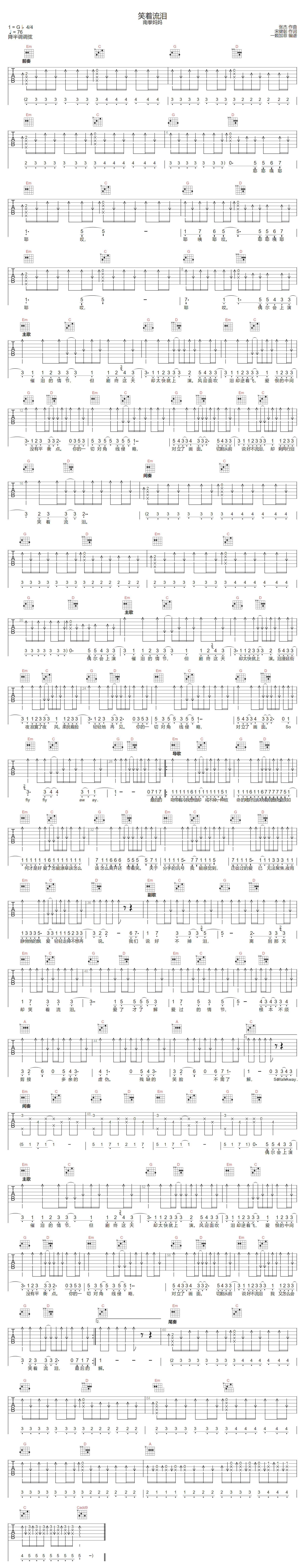 笑着流泪吉他谱-南拳妈妈-G调指法
