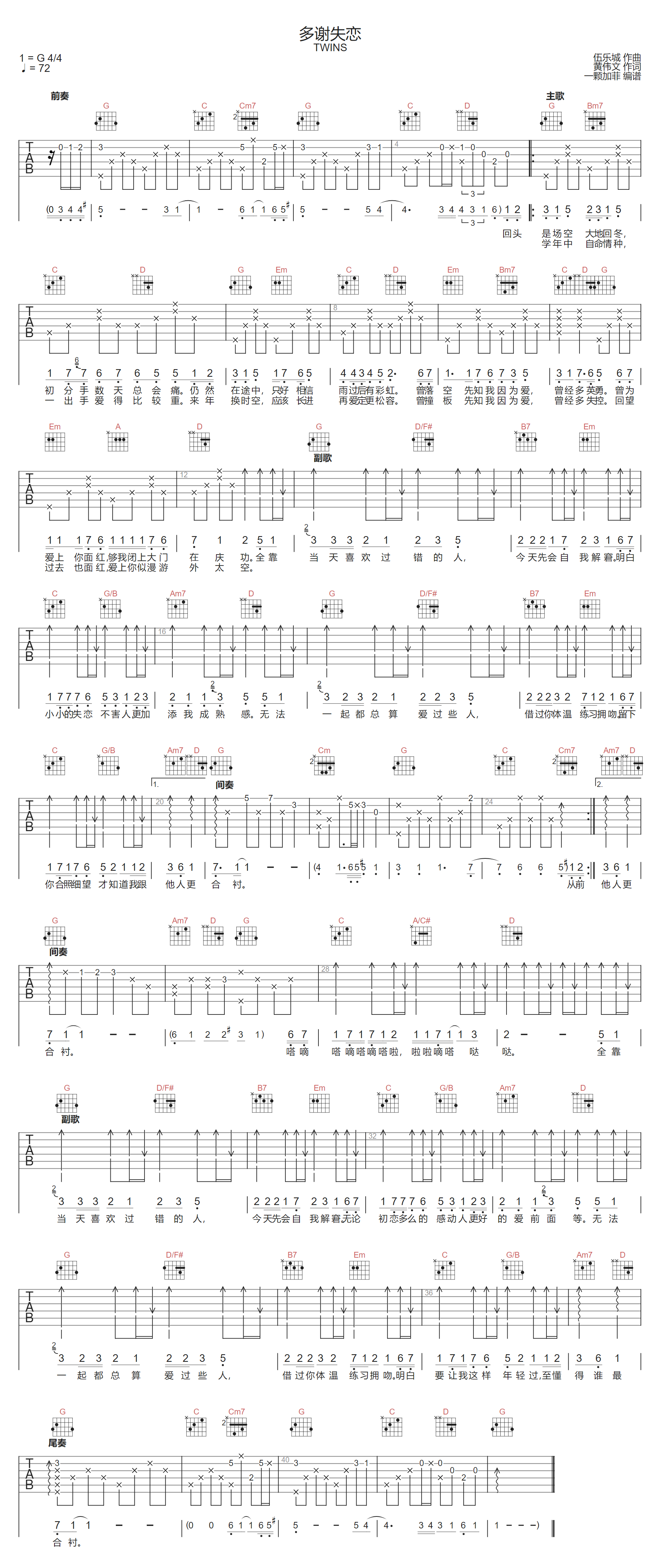 多谢失恋吉他谱-Twins-G调指法