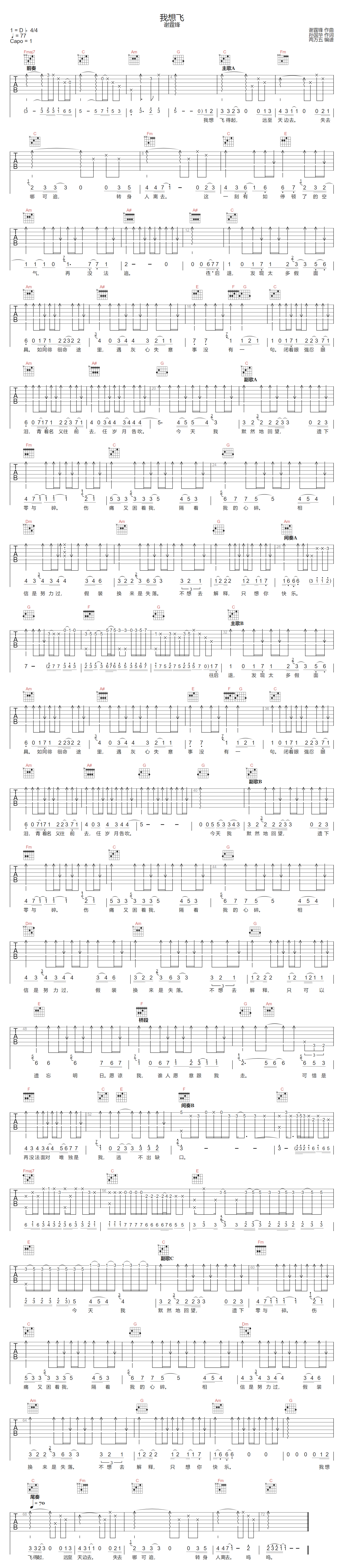 我想飞吉他谱-谢霆锋-C调指法
