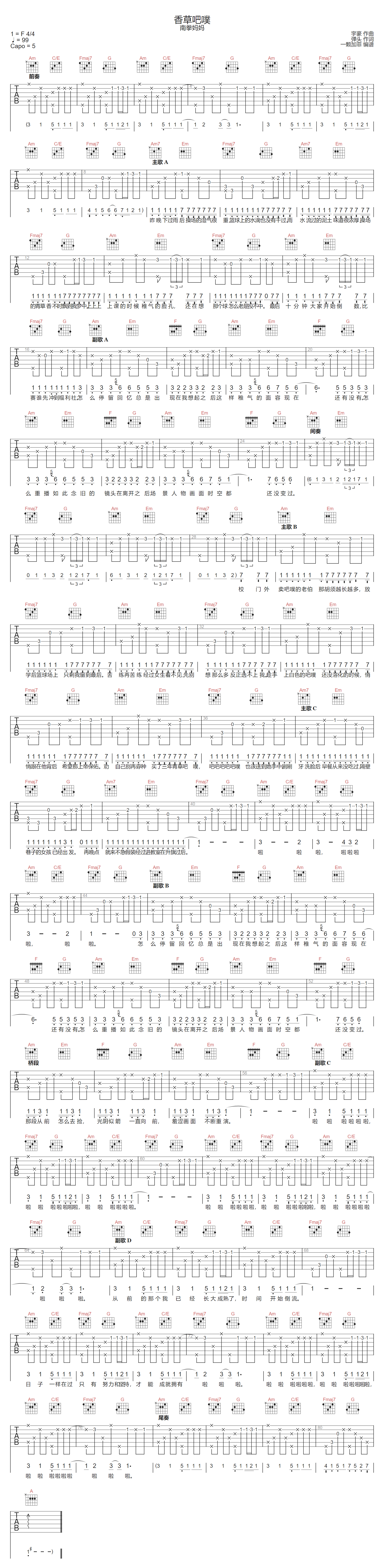 香草吧噗吉他谱-南拳妈妈-C调指法
