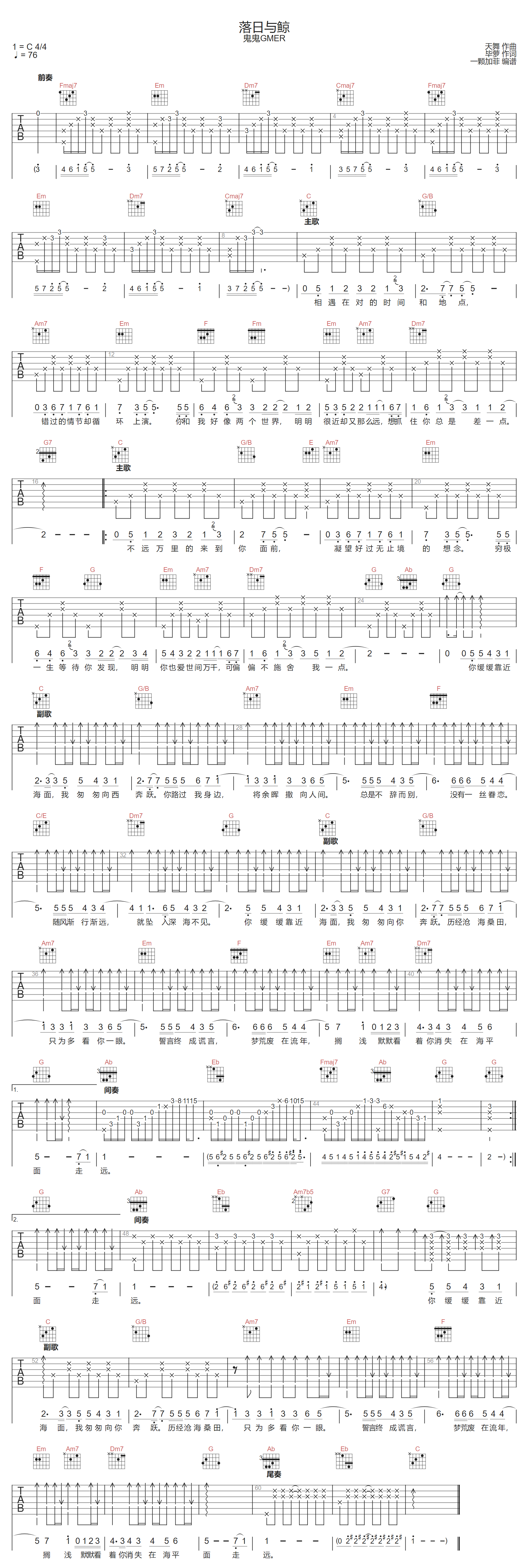 落日与鲸吉他谱-鬼鬼GMER-C调指法