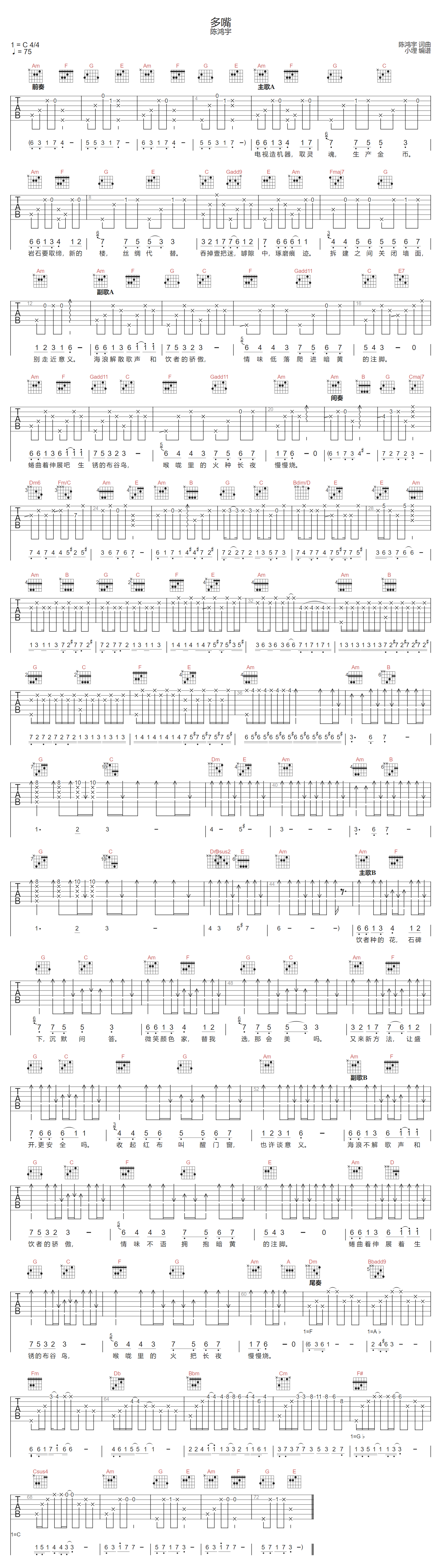 多嘴吉他谱-陈鸿宇-C调指法