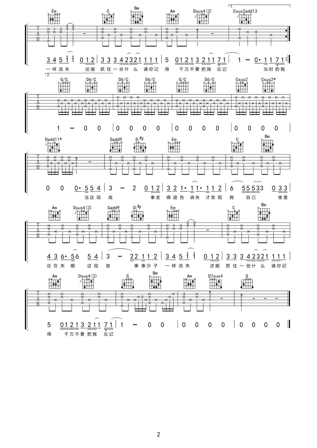 不要把我忘记吉他谱2-隔壁团-G调指法