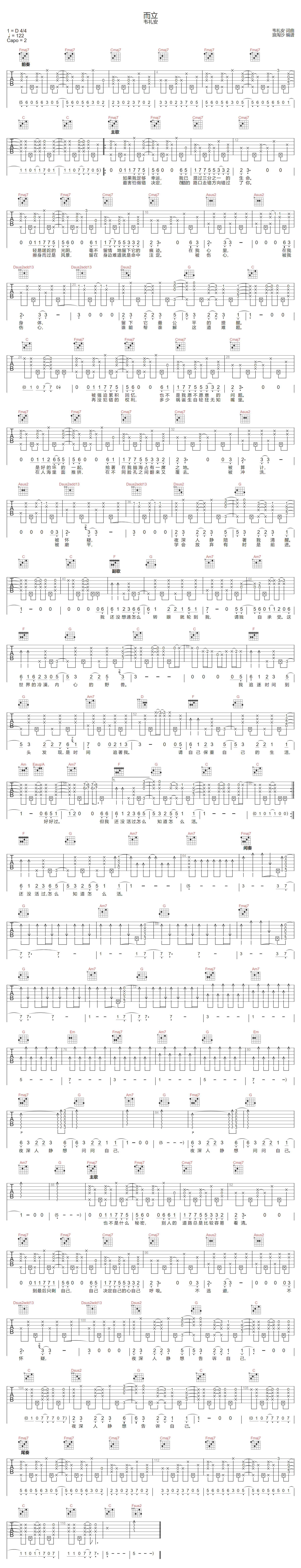 而立吉他谱-韦礼安-C调指法