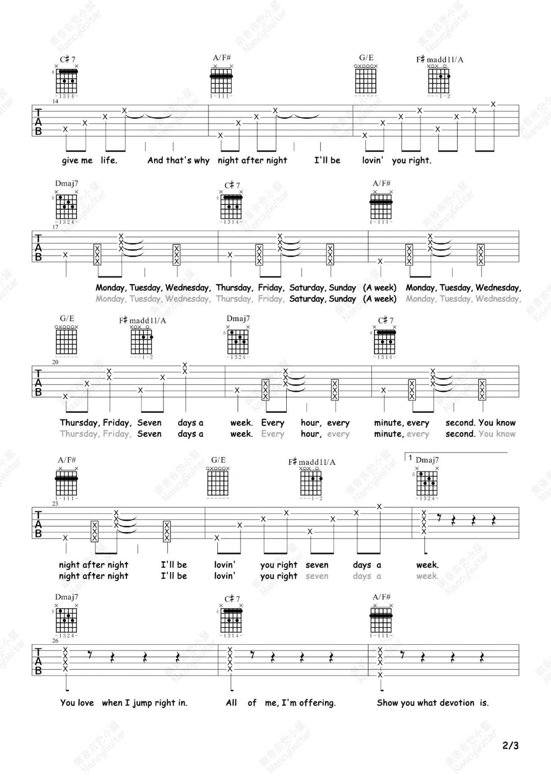 Seven吉他谱2-田柾国-A调指法