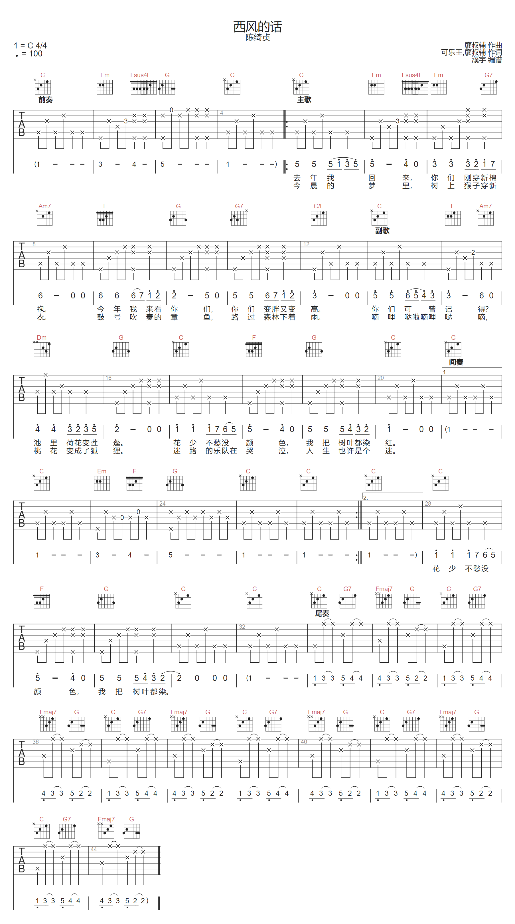 西风的话吉他谱-陈绮贞-C调指法