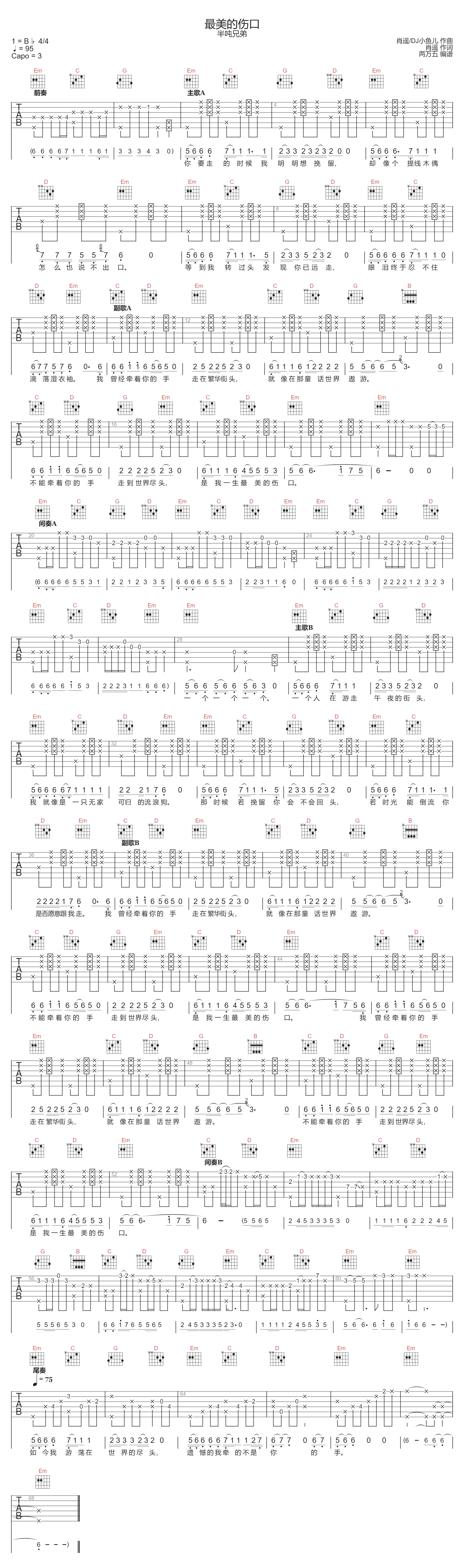 最美的伤口吉他谱-半吨兄弟-G调指法