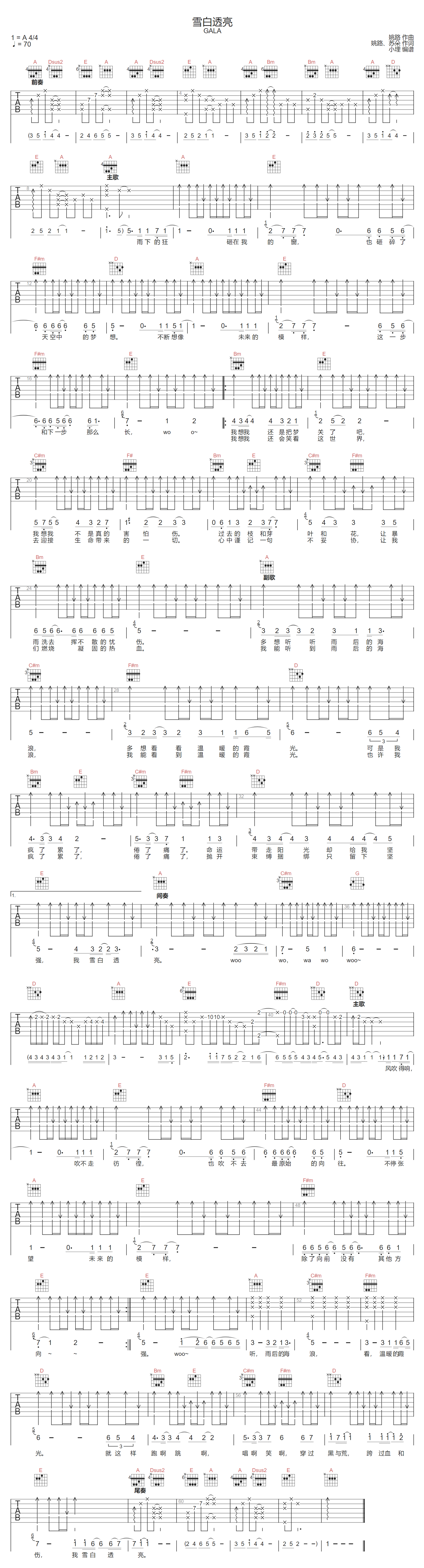 雪白透亮吉他谱-GALA-A调指法