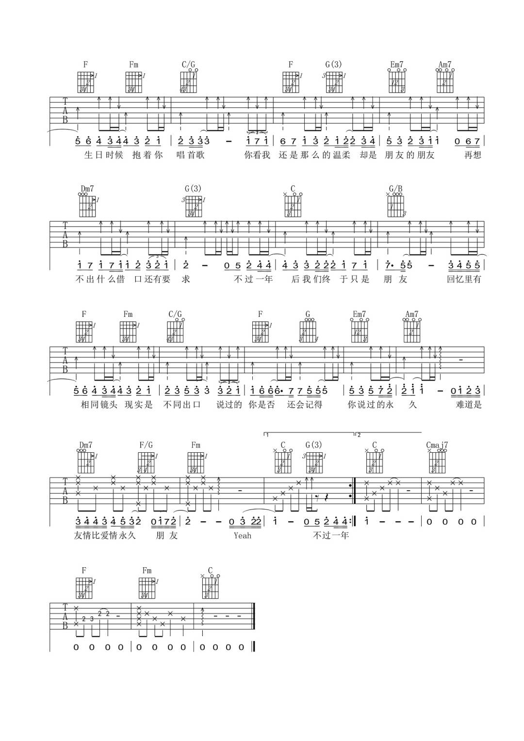 一周年吉他谱2-周笔畅-C调指法