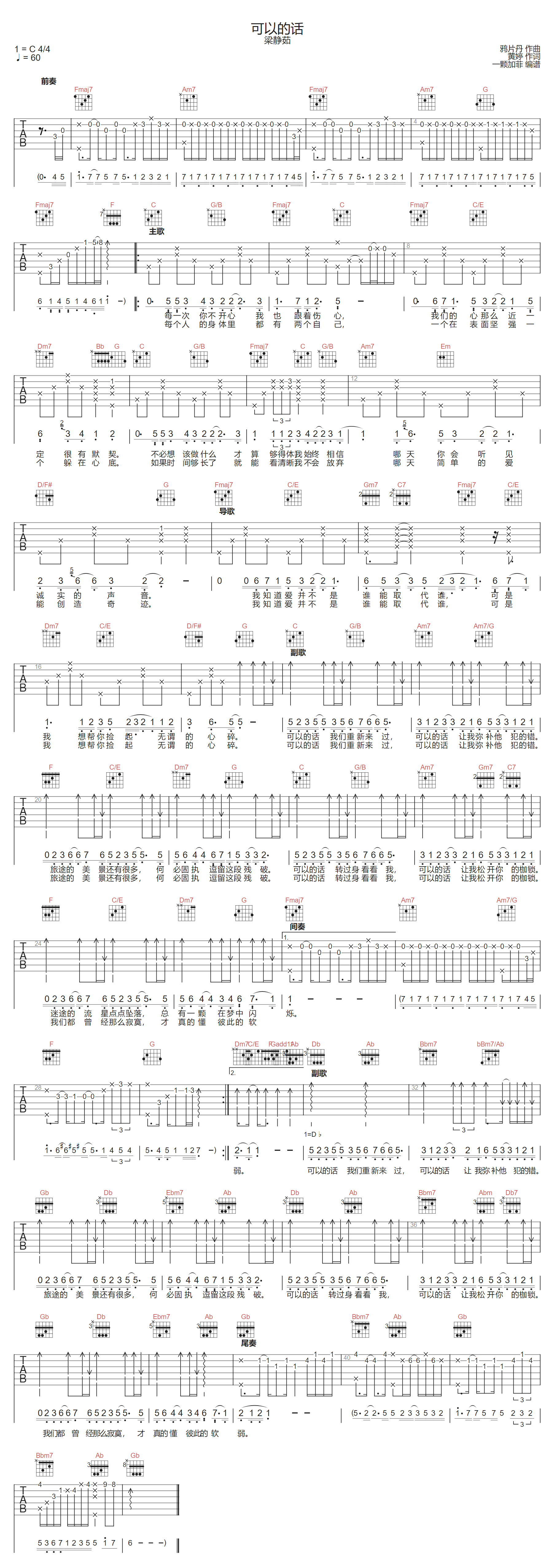 可以的话吉他谱-梁静茹-C调指法