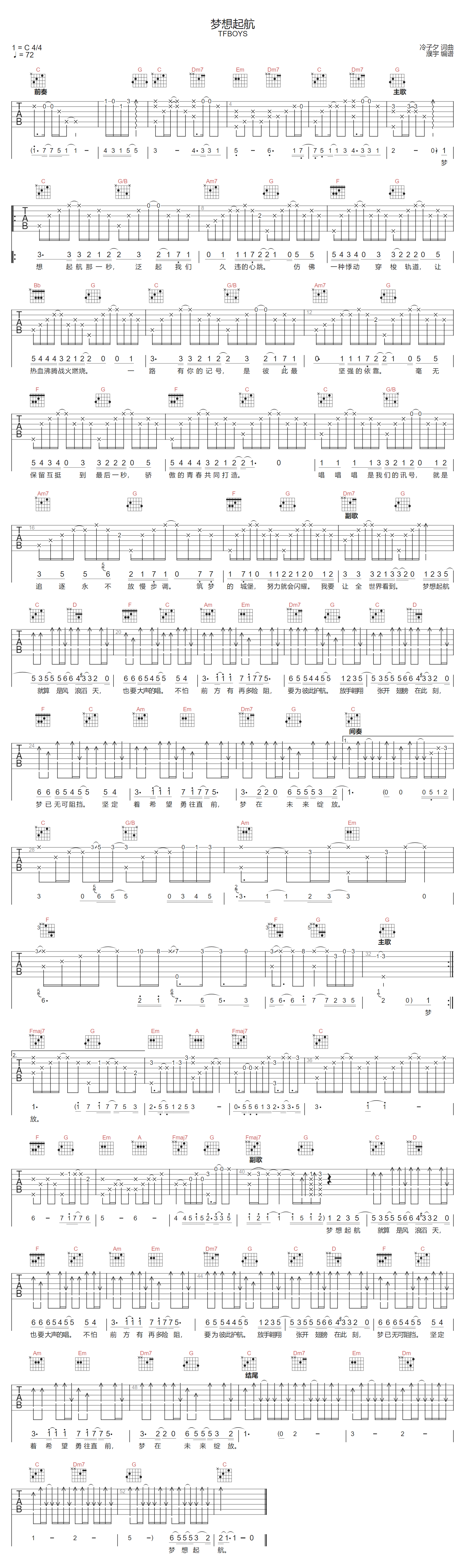 梦想起航吉他谱-TFBOYS-C调指法