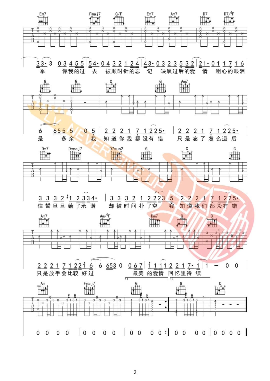 退后吉他谱2-周杰伦-C调指法