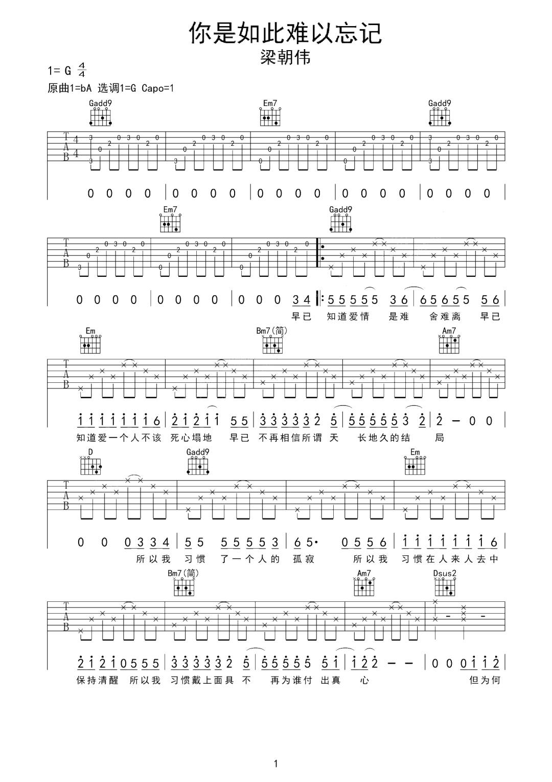 你是如此难以忘记吉他谱1-梁朝伟-G调指法