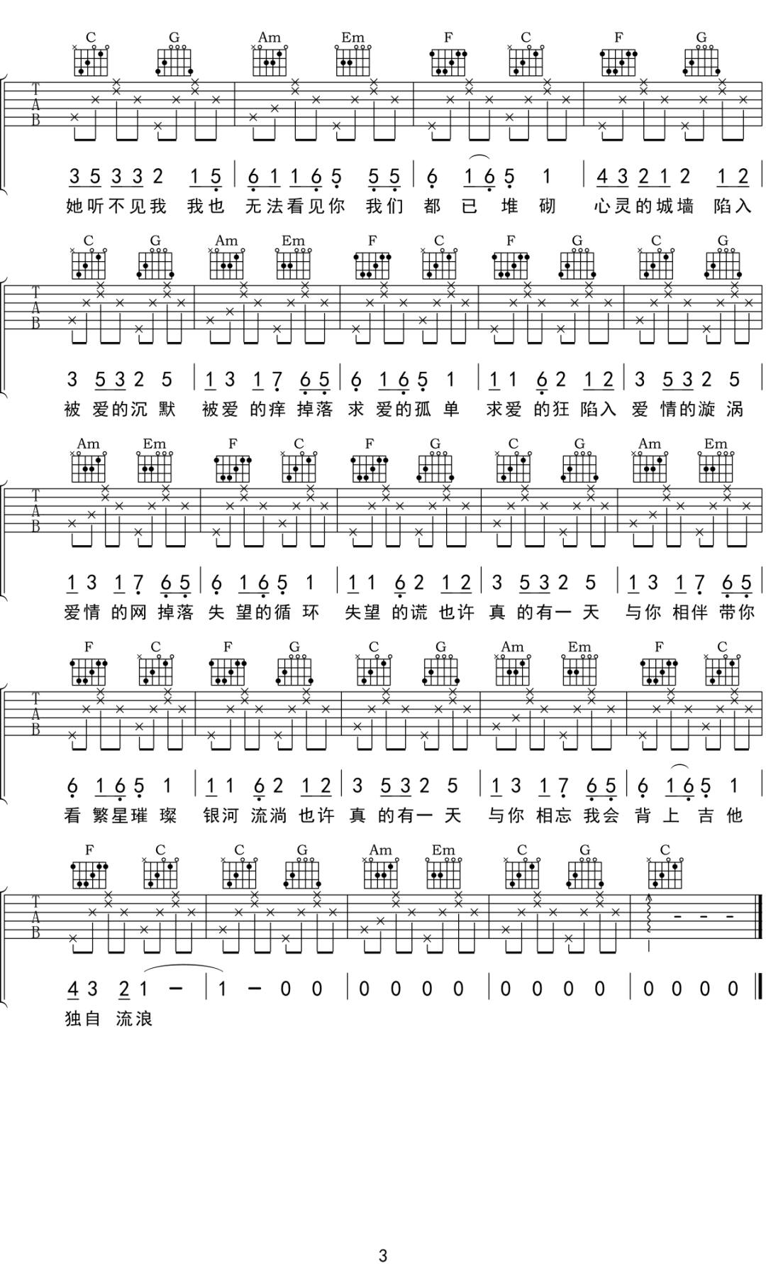 我被堵在爱情的死胡同吉他谱3-徐锦辉-C调指法