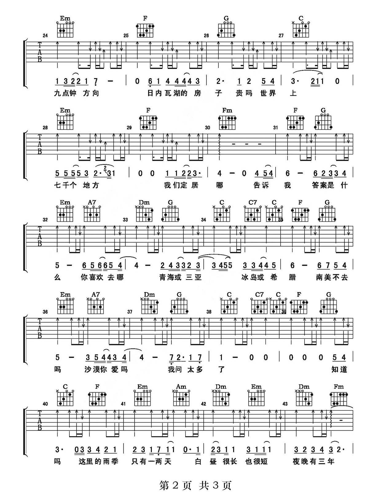 我喜欢上你时的内心活动吉他谱2-陈绮贞-C调指法