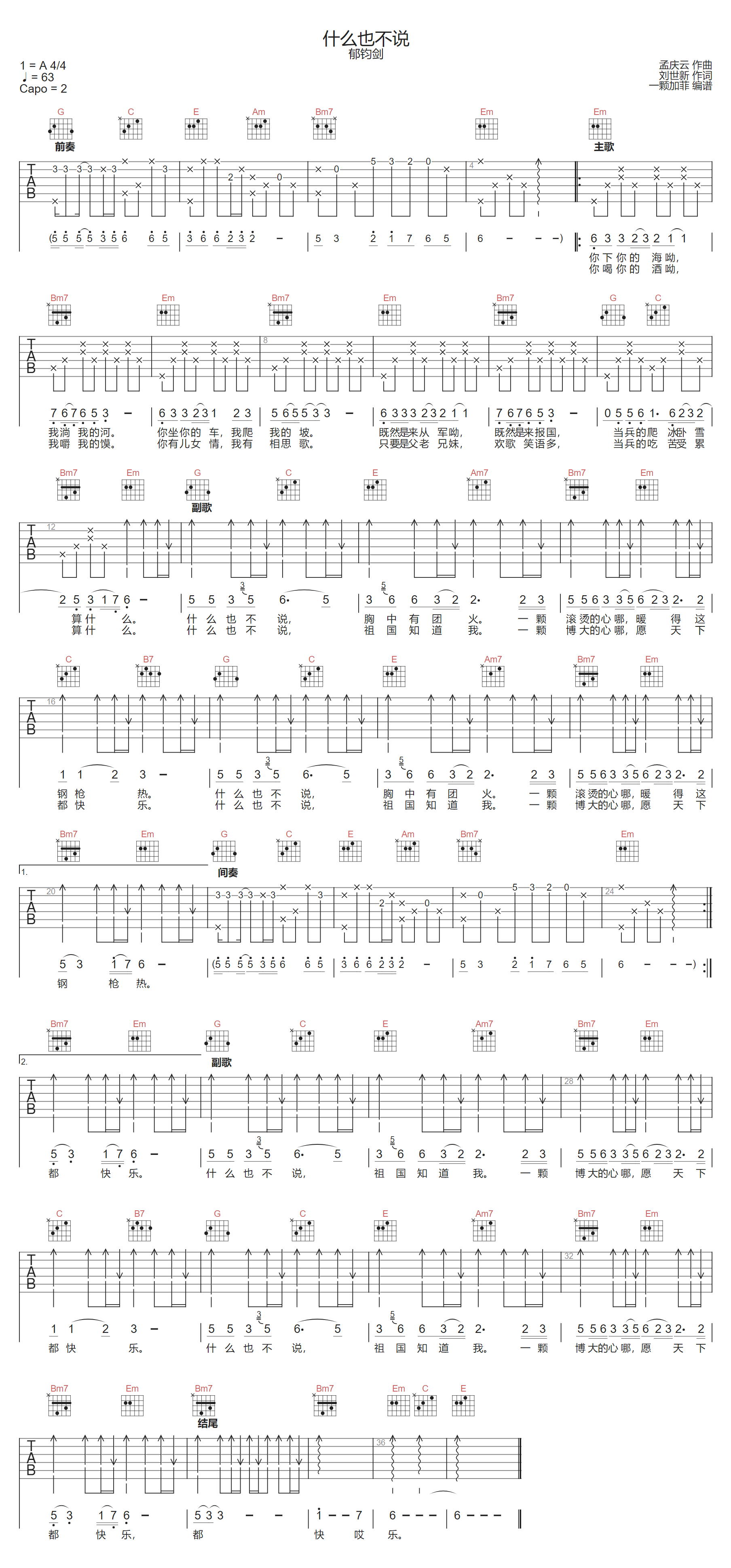 什么也不说吉他谱-郁钧剑-G调指法