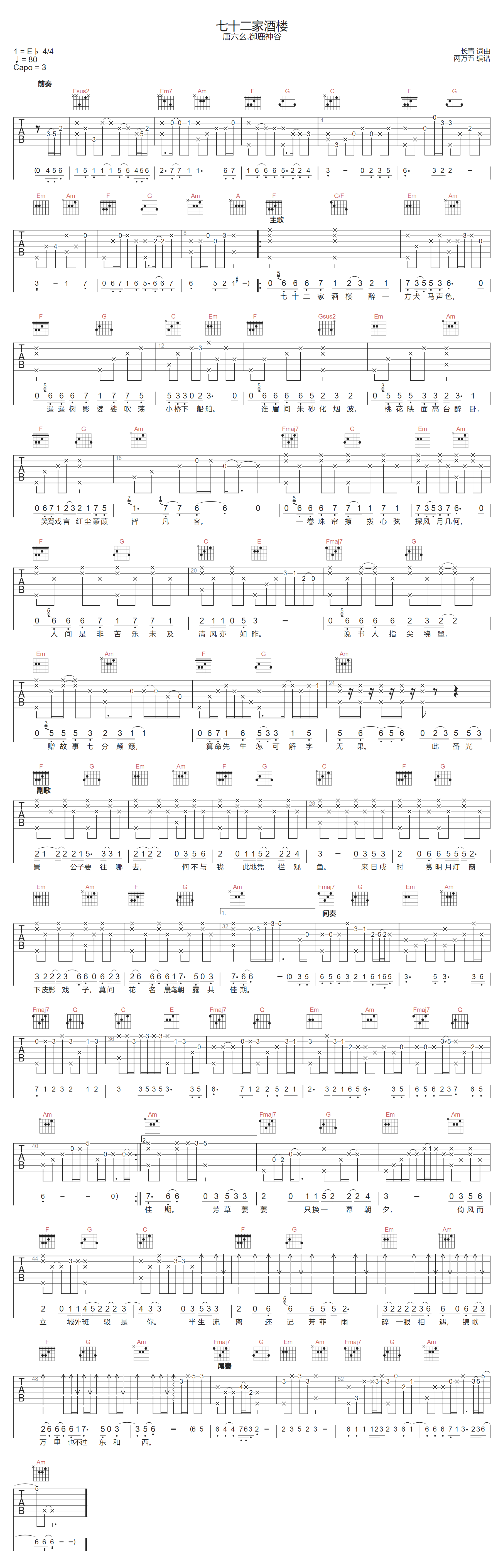七十二家酒楼吉他谱-唐六幺-C调指法