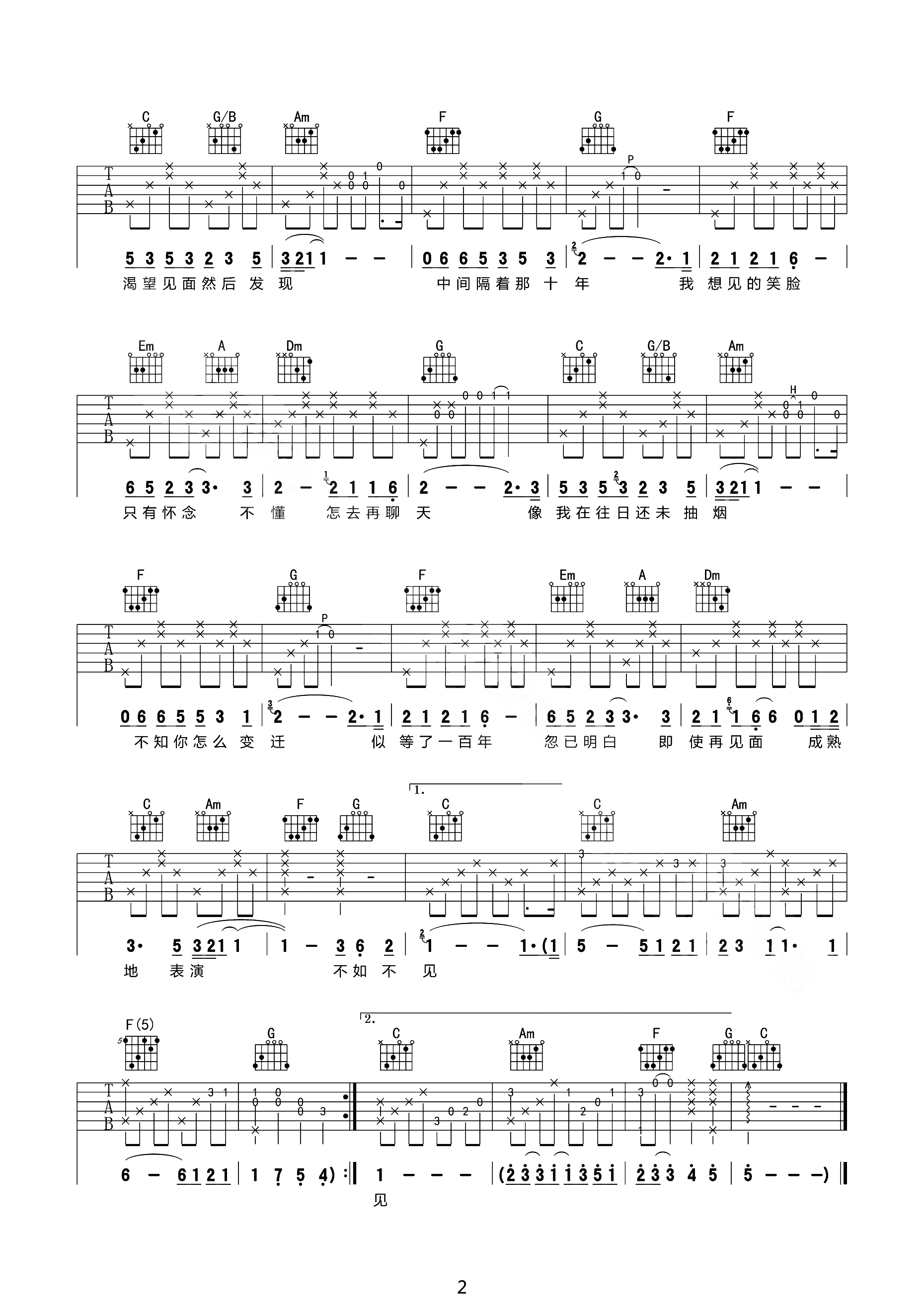 不如不见吉他谱2-陈奕迅-C调指法