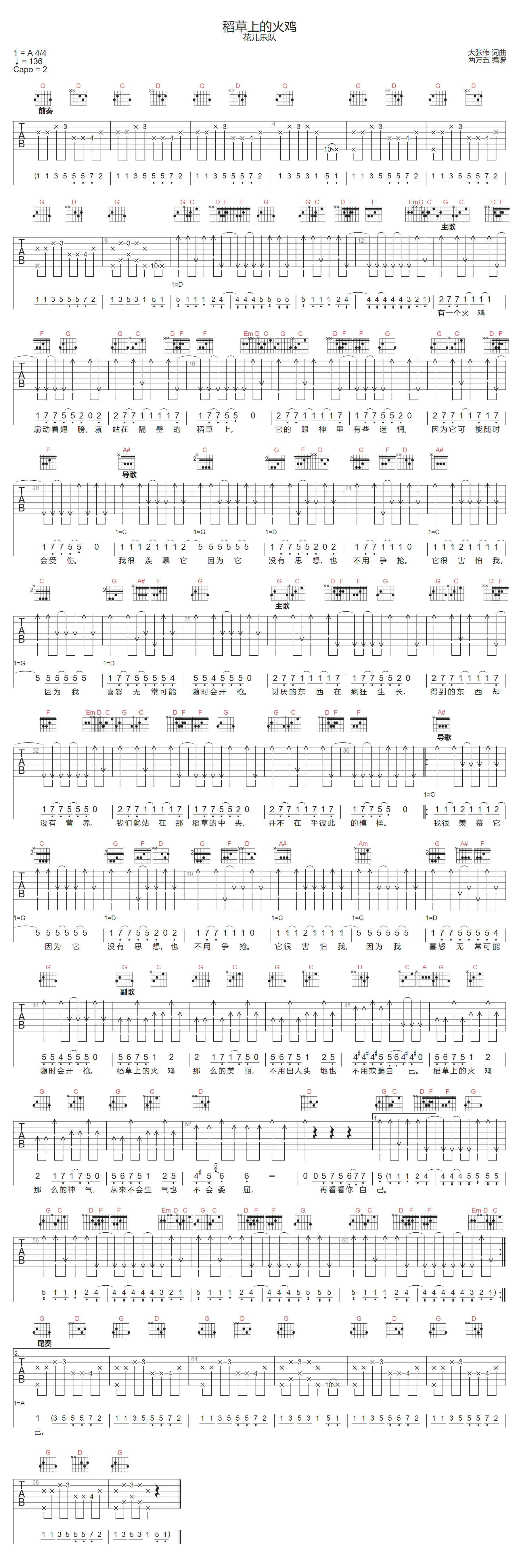 稻草上的火鸡吉他谱-花儿乐队-G调指法