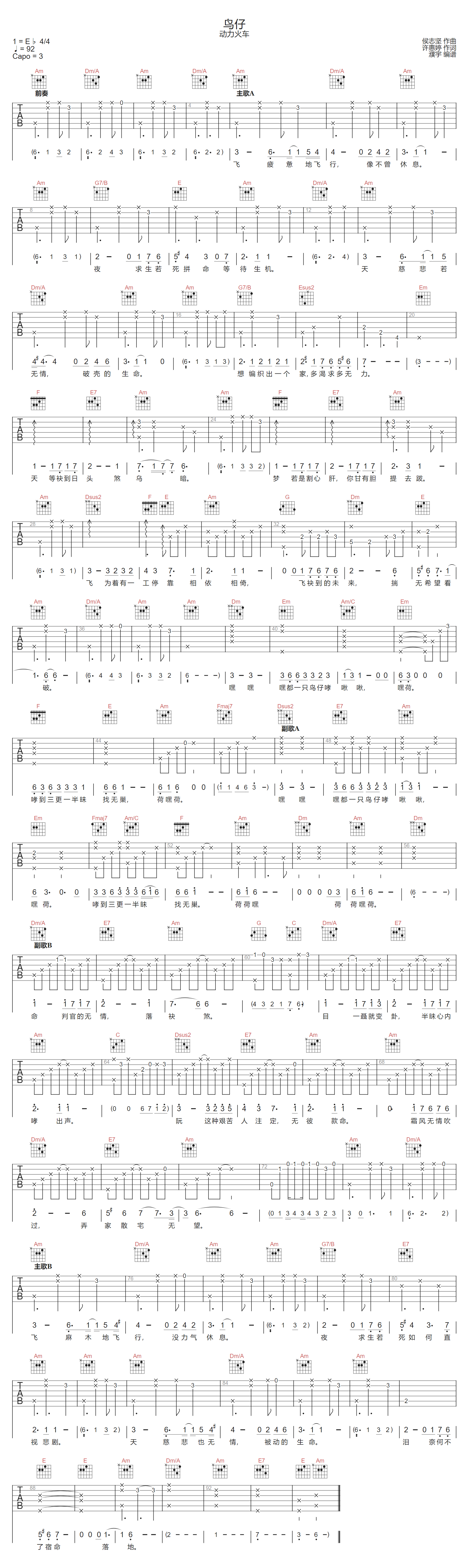 鸟仔吉他谱-动力火车-C调指法