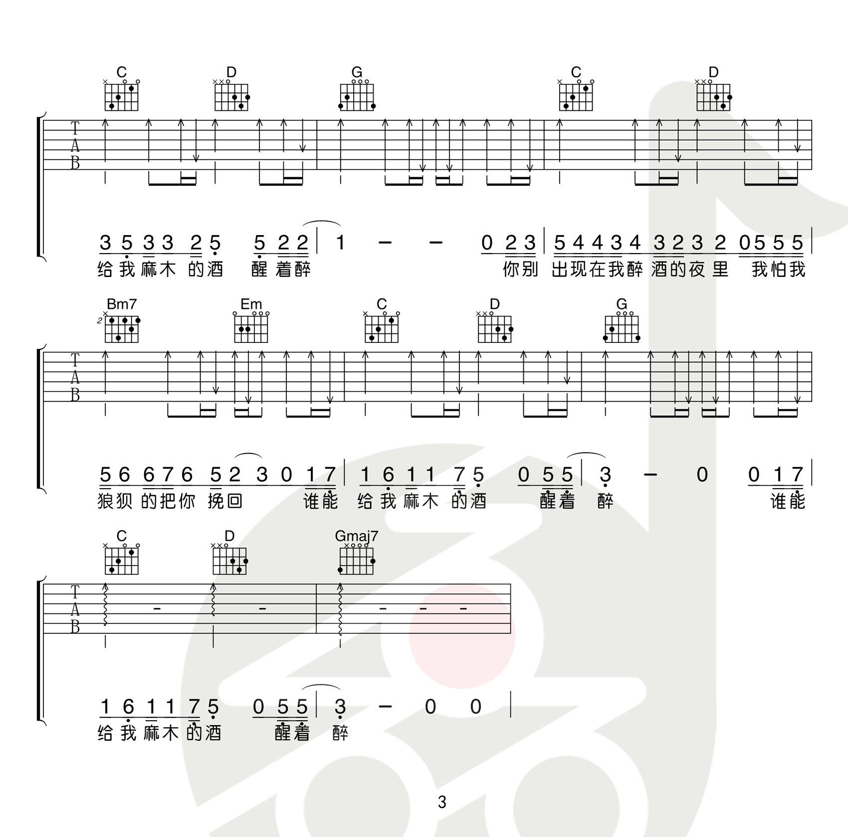 醒着醉吉他谱3-马良-G调指法