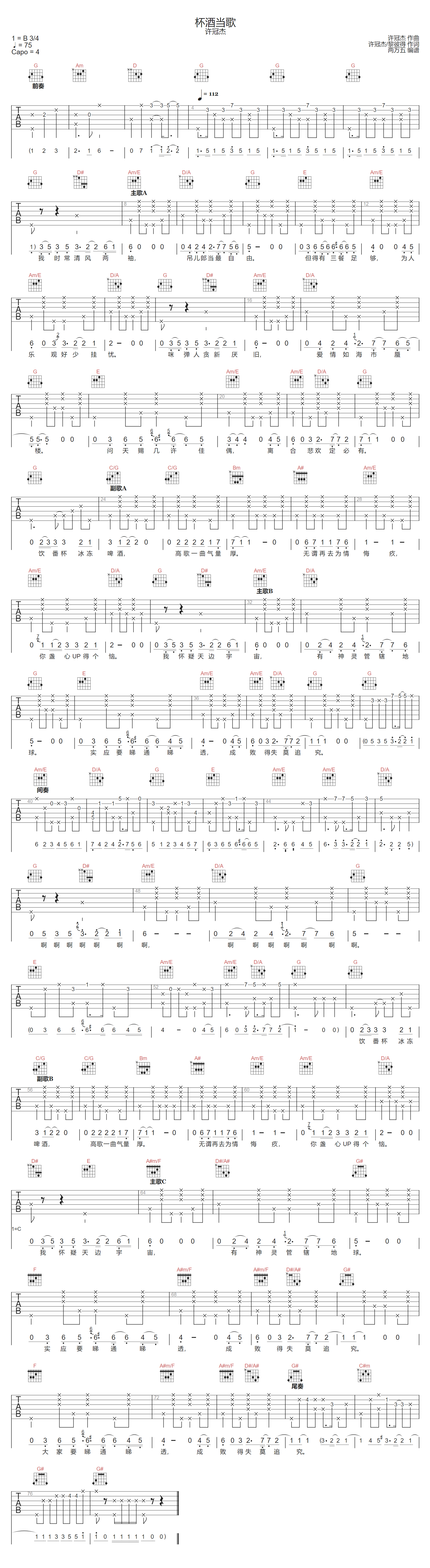 杯酒当歌吉他谱-许冠杰-G调指法