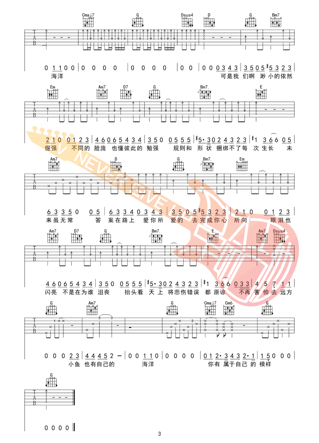 这条小鱼在乎吉他谱3-王OK-G调指法