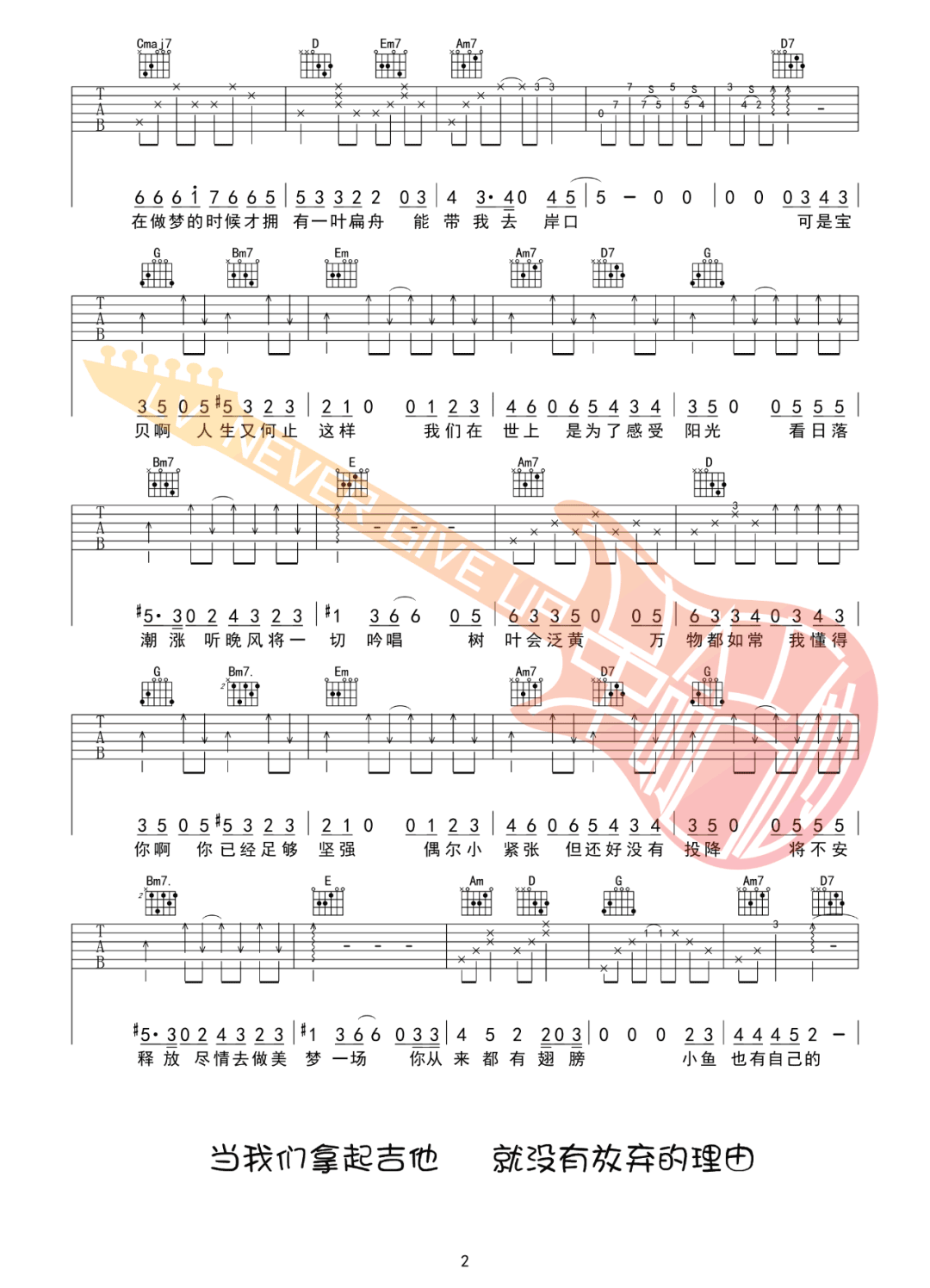 这条小鱼在乎吉他谱2-王OK-G调指法