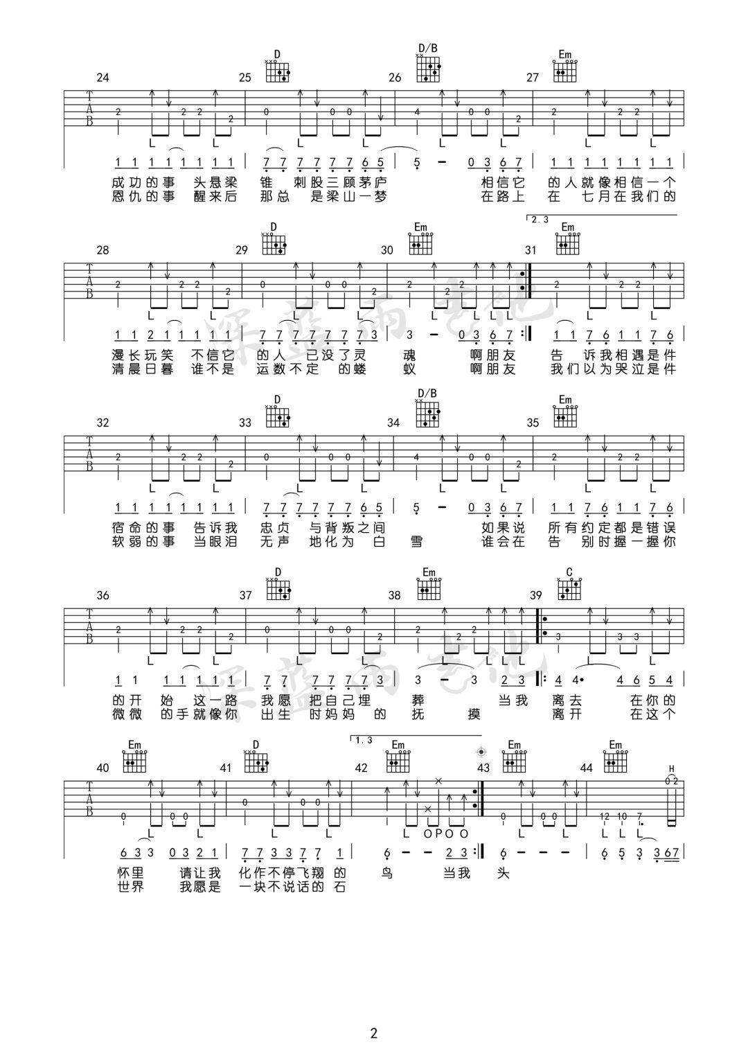 啊朋友再见吉他谱2-蒋明-G调指法