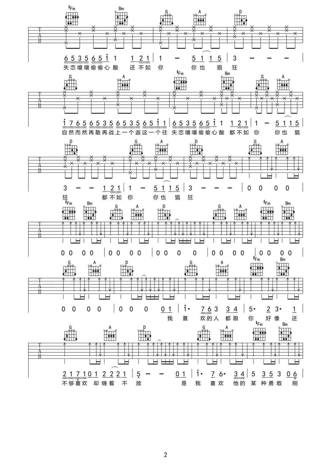 我喜欢的人都跟你好像吉他谱2-黄恺-D调指法