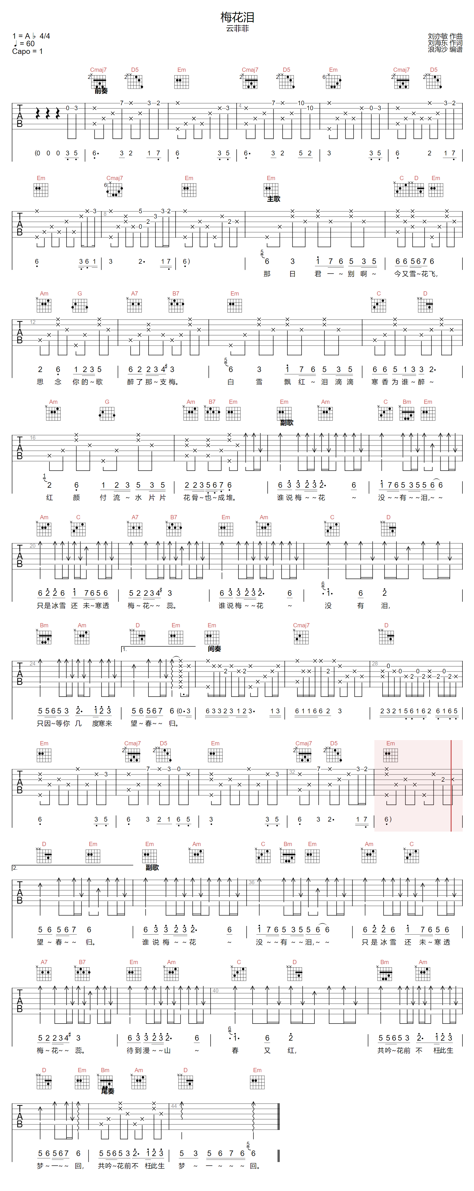 梅花泪吉他谱-云菲菲