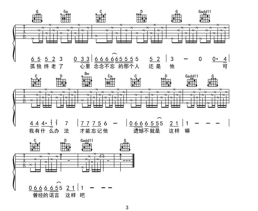 遗憾吉他谱3-王佳杨