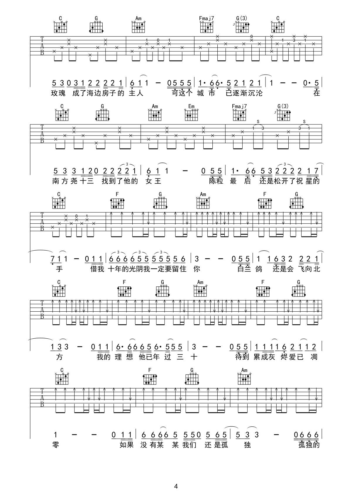 楚胜尧《陈小姐的话》D调吉他谱